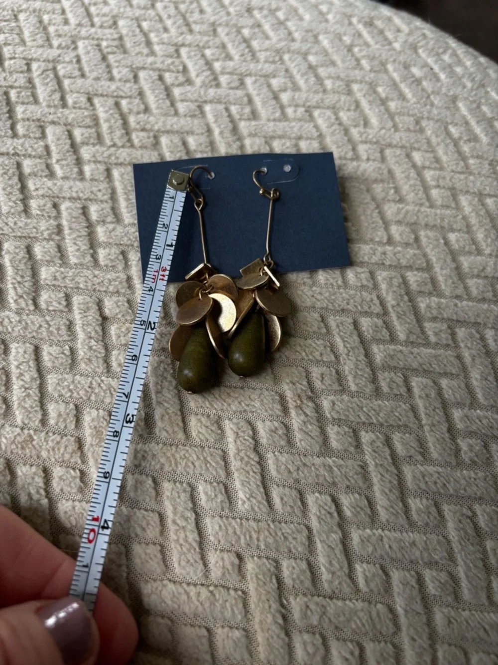 Boho Gold Tone Disc & Olive Stone Dangle Earrings Statement Drop Earrings - Picture 3 of 6